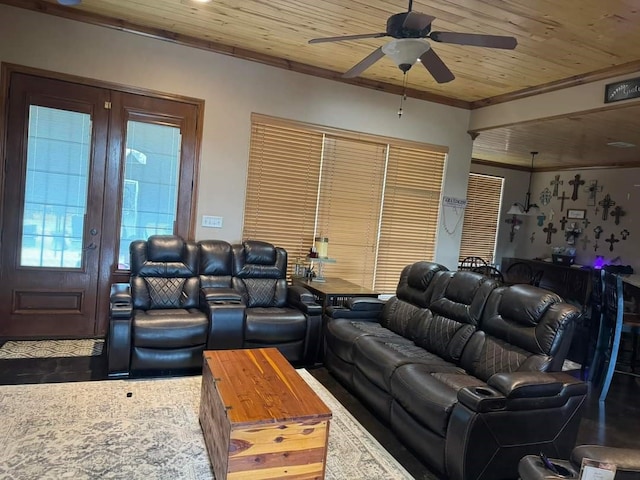 living room with ceiling fan, wood ceiling, and crown molding