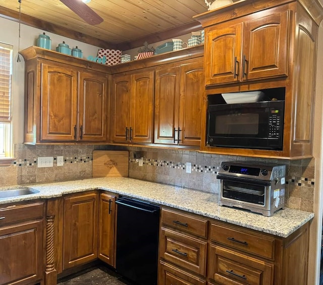 kitchen featuring black appliances, ceiling fan, light stone counters, and wooden ceiling