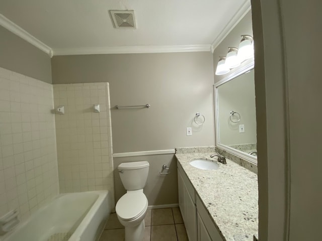 full bathroom featuring tile patterned floors, toilet, crown molding, and vanity