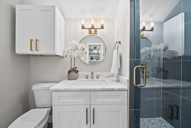 bathroom featuring walk in shower, toilet, vaulted ceiling, and vanity