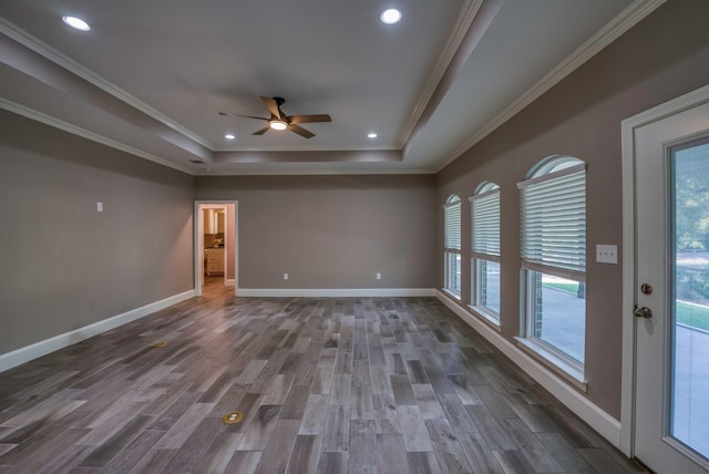 unfurnished room with a healthy amount of sunlight, ceiling fan, dark hardwood / wood-style floors, and a tray ceiling