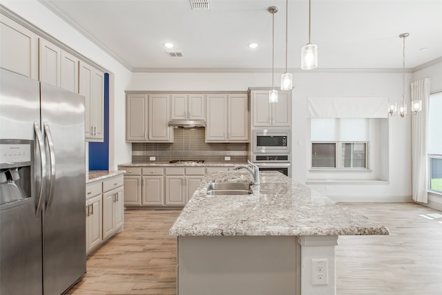 kitchen with light hardwood / wood-style floors, appliances with stainless steel finishes, pendant lighting, and a center island with sink