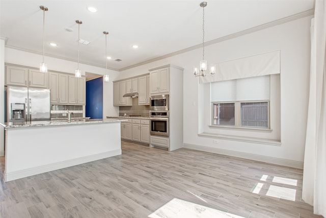 kitchen featuring pendant lighting, light hardwood / wood-style flooring, stainless steel appliances, and decorative backsplash