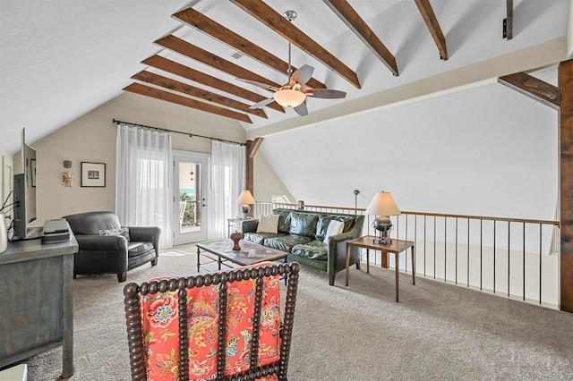 living room featuring lofted ceiling with beams, ceiling fan, and carpet floors