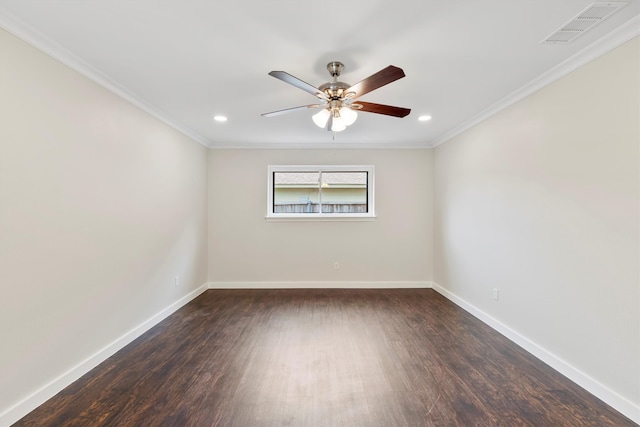 spare room with dark wood-type flooring, ceiling fan, and ornamental molding