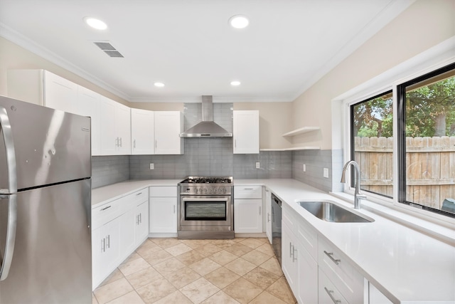 kitchen with white cabinets, appliances with stainless steel finishes, sink, wall chimney exhaust hood, and tasteful backsplash