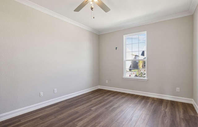 unfurnished room featuring crown molding, dark hardwood / wood-style floors, and ceiling fan