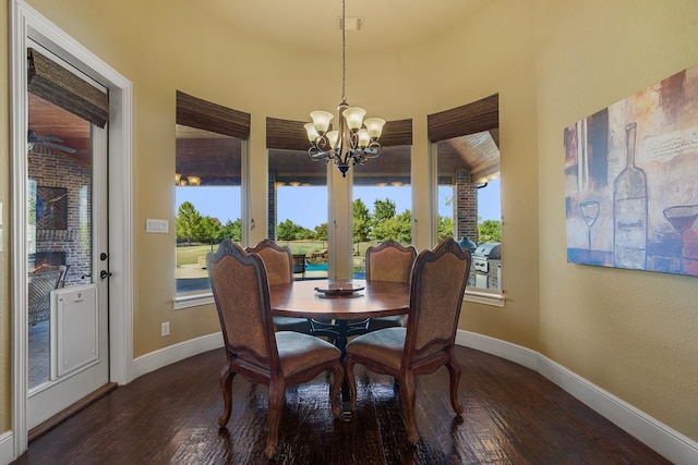 dining space featuring an inviting chandelier, dark wood-type flooring, and plenty of natural light