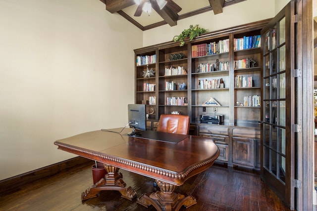 office space featuring beam ceiling, ornamental molding, dark hardwood / wood-style floors, and ceiling fan