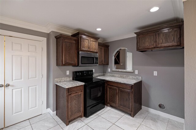 kitchen with crown molding, black electric range oven, and dark brown cabinets