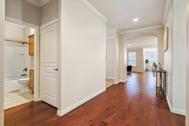 hall featuring ornamental molding and dark hardwood / wood-style flooring