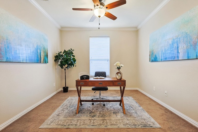 carpeted office space featuring crown molding and ceiling fan