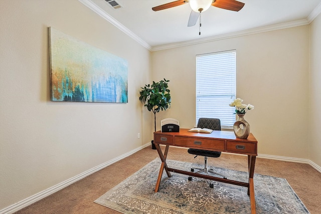 carpeted office space featuring ceiling fan and ornamental molding