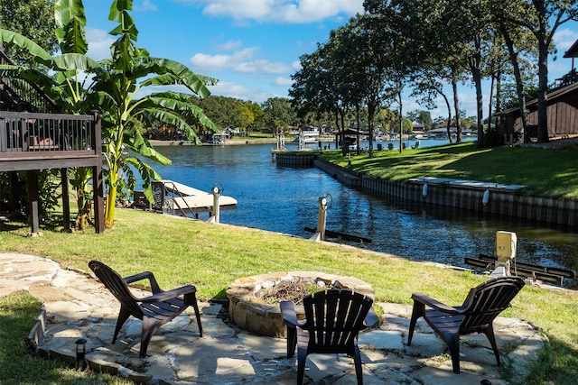 water view with a fire pit