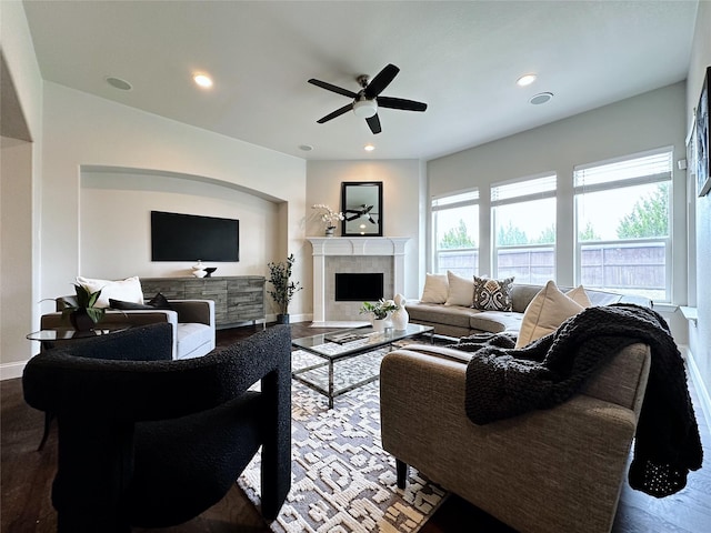 1424 Palestine Dr, Prosper, TX 75078 - living area with a ceiling fan, recessed lighting, baseboards, wood finished floors, and a fireplace