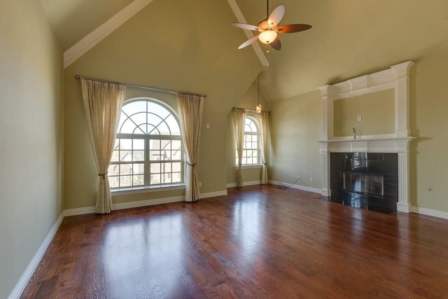 unfurnished living room featuring high vaulted ceiling, ceiling fan, a fireplace, and dark hardwood / wood-style flooring