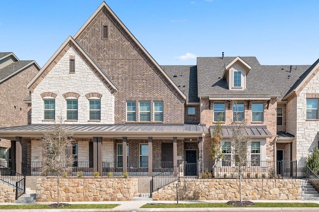 townhome / multi-family property with brick siding, a porch, a standing seam roof, metal roof, and stone siding