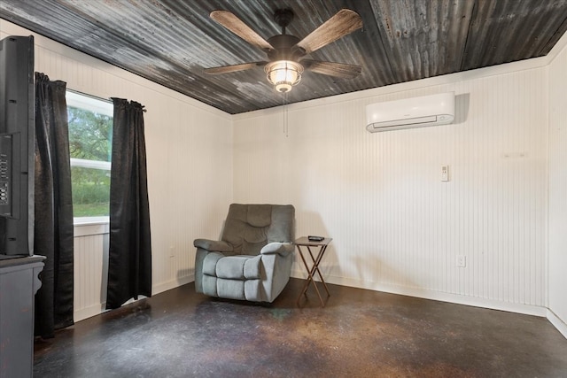 living area with wood ceiling, ceiling fan, an AC wall unit, and concrete flooring