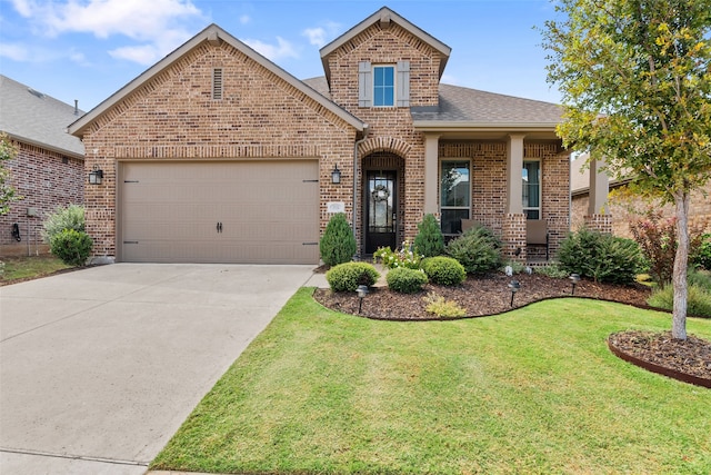 view of front of property featuring a garage and a front lawn