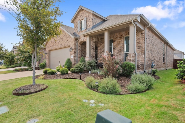 view of front of home with a garage and a front lawn