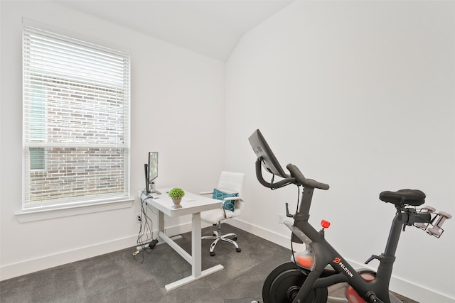 workout room featuring lofted ceiling and carpet