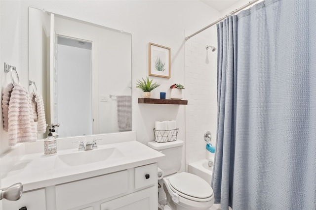 full bathroom with shower / bathtub combination with curtain, toilet, and vanity