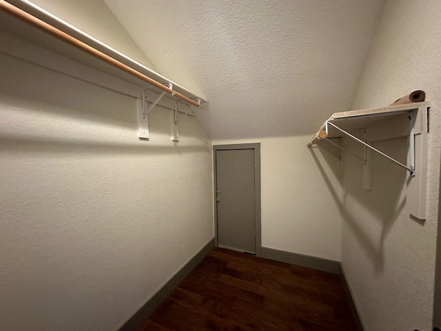 spacious closet featuring vaulted ceiling and dark hardwood / wood-style floors