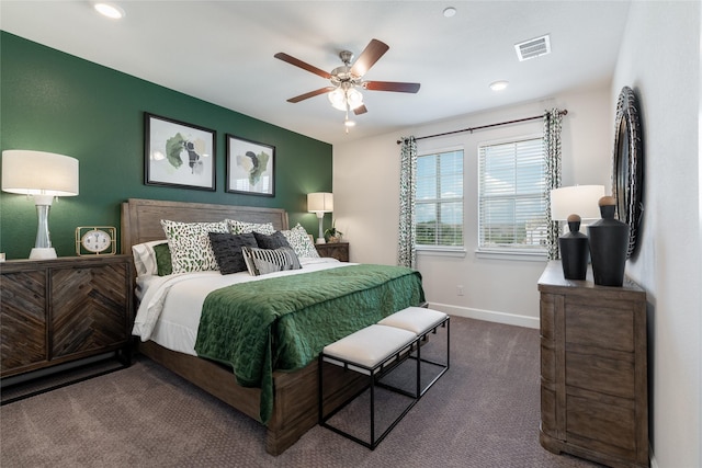 carpeted bedroom with ceiling fan