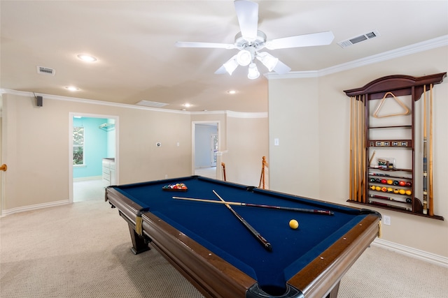 rec room featuring ornamental molding, light carpet, pool table, and ceiling fan