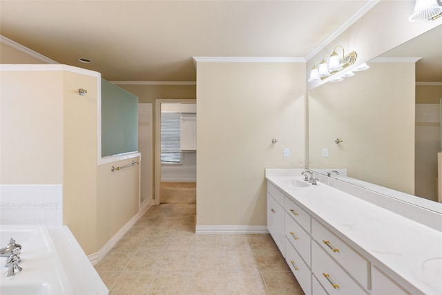 bathroom with vanity, crown molding, a washtub, and tile patterned floors