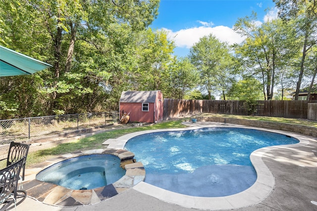 view of pool with an in ground hot tub and a storage unit