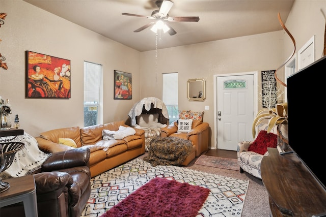 living room featuring ceiling fan