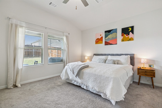 carpeted bedroom with lofted ceiling and ceiling fan