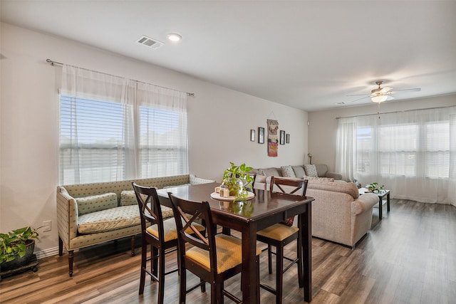 dining area featuring ceiling fan, a wealth of natural light, and dark hardwood / wood-style floors