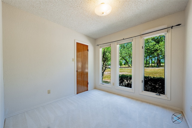 unfurnished room with a textured ceiling and light carpet