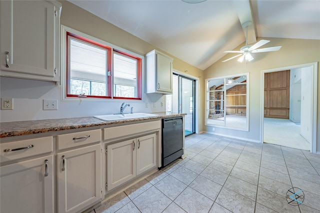 172 Colonial Dr, Mabank, TX 75156 - kitchen featuring ceiling fan, light tile patterned floors, black dishwasher, a sink, and vaulted ceiling with beams