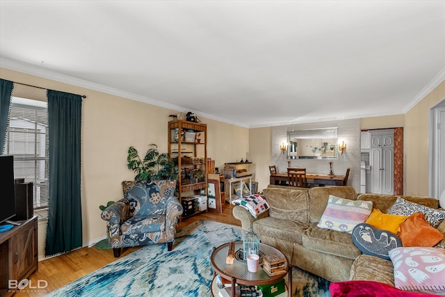 living room featuring wood-type flooring and ornamental molding