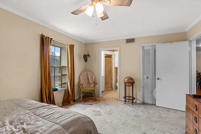 bedroom with a closet, ceiling fan, light carpet, and ornamental molding