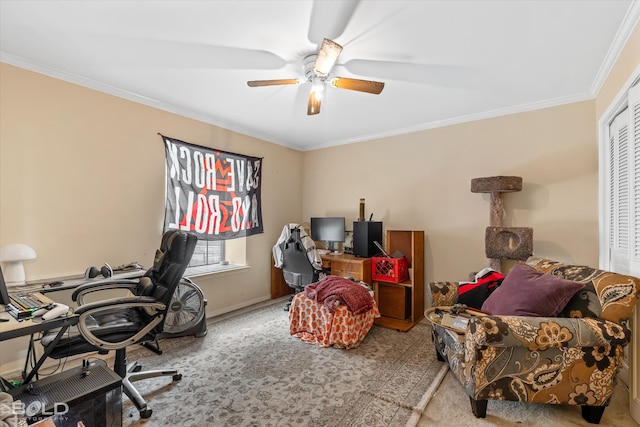 carpeted office space featuring ceiling fan and crown molding