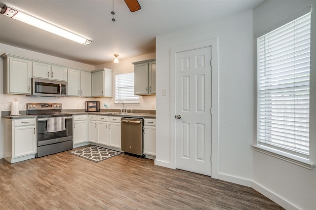 kitchen with wood-type flooring, stainless steel appliances, sink, gray cabinets, and ceiling fan