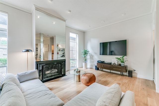 living room featuring ornamental molding and light hardwood / wood-style floors