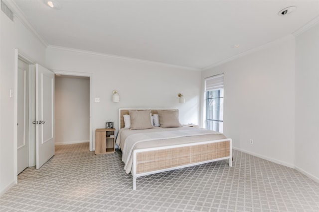 carpeted bedroom featuring crown molding