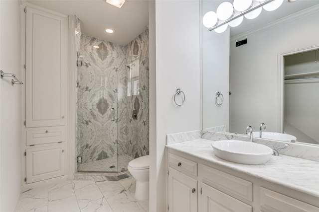 bathroom featuring toilet, an enclosed shower, ornamental molding, and vanity