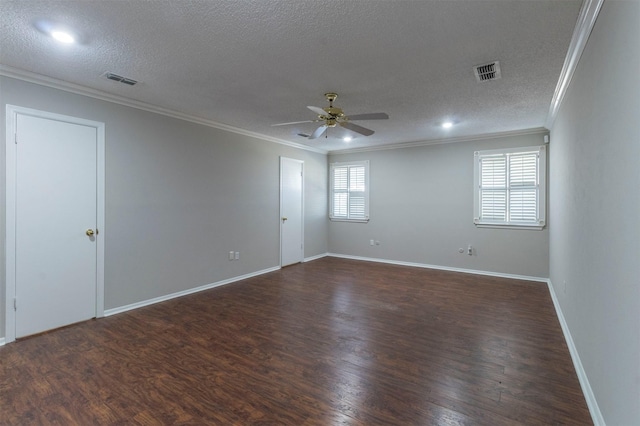 unfurnished room featuring dark wood-type flooring, ceiling fan, ornamental molding, and a textured ceiling