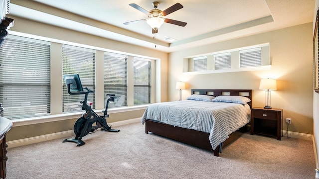 bedroom with ceiling fan, multiple windows, and a tray ceiling