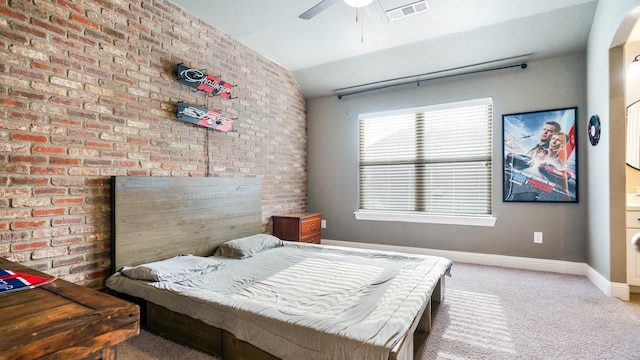 carpeted bedroom featuring ceiling fan and lofted ceiling