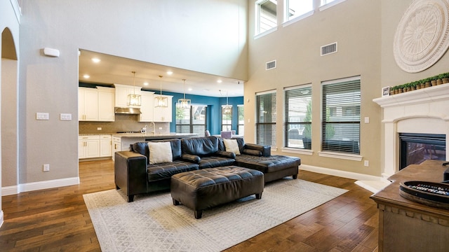 living room featuring a high ceiling and dark hardwood / wood-style floors