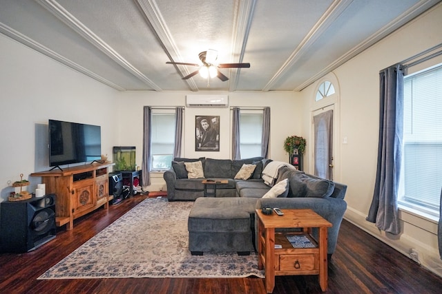 living room featuring ornamental molding, dark hardwood / wood-style flooring, plenty of natural light, and ceiling fan