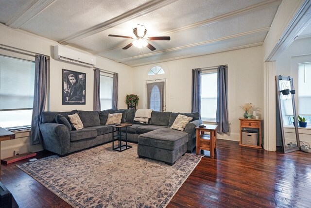 living room with a textured ceiling, an AC wall unit, ceiling fan, and dark hardwood / wood-style floors