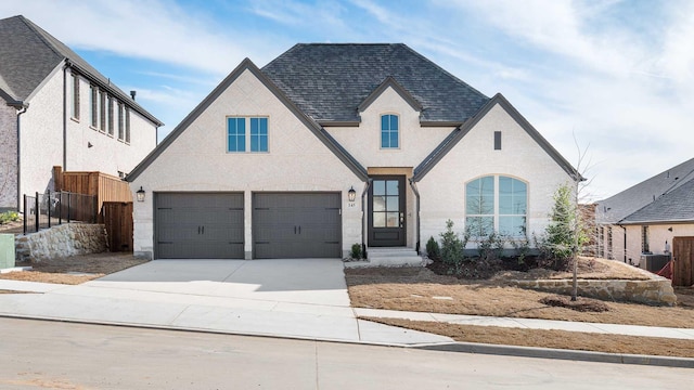 view of front of house with a garage and central air condition unit